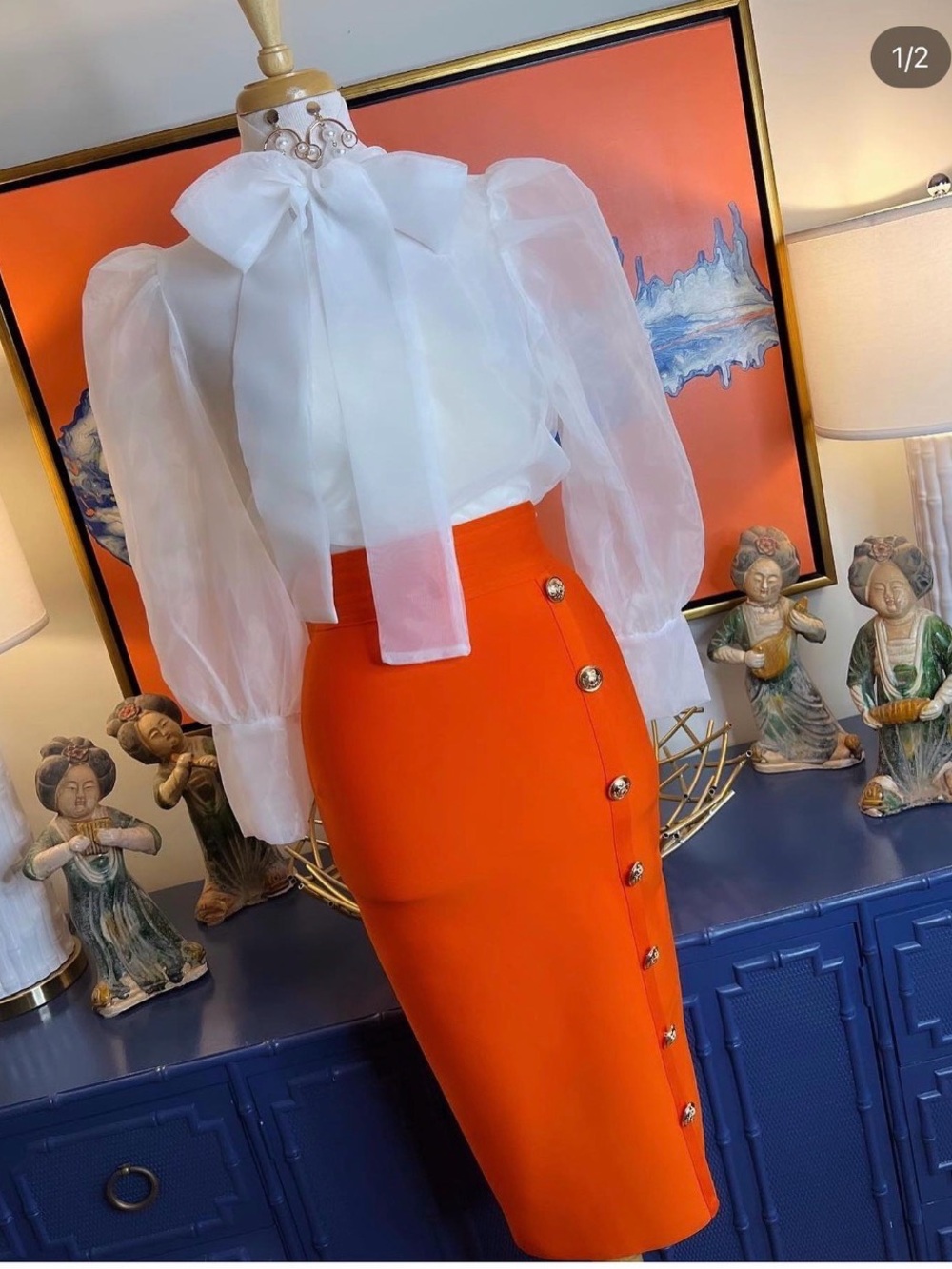 High-Waist Orange Pencil Skirt with Decorative Side Buttons
